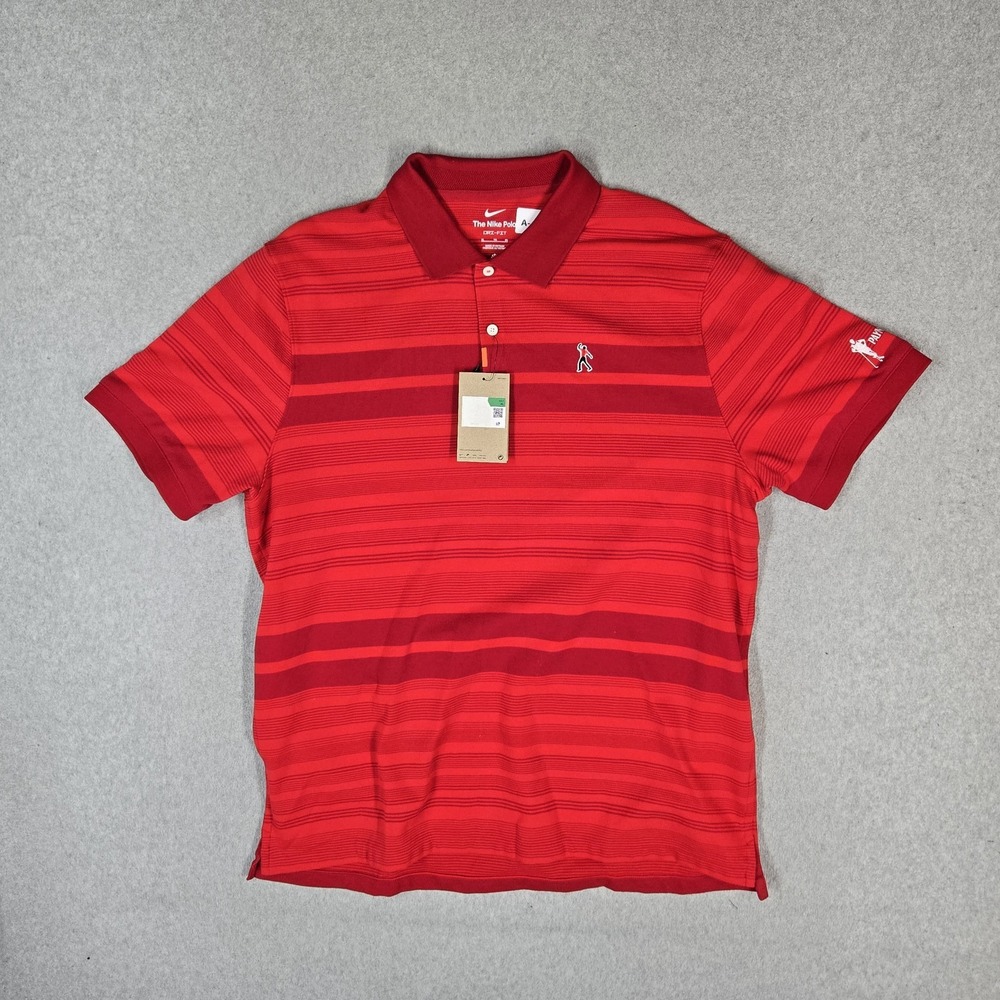 Nike Men Polo XL Red Striped Tiger Woods Fist Pump Golf Dri Fit Swoosh Logo NWT